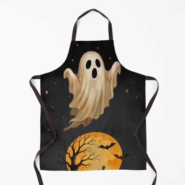 Item preview, Ghost floats above graveyard with full moon and bats in night sky during Halloween celebration designed and sold by Ms. Iryna.