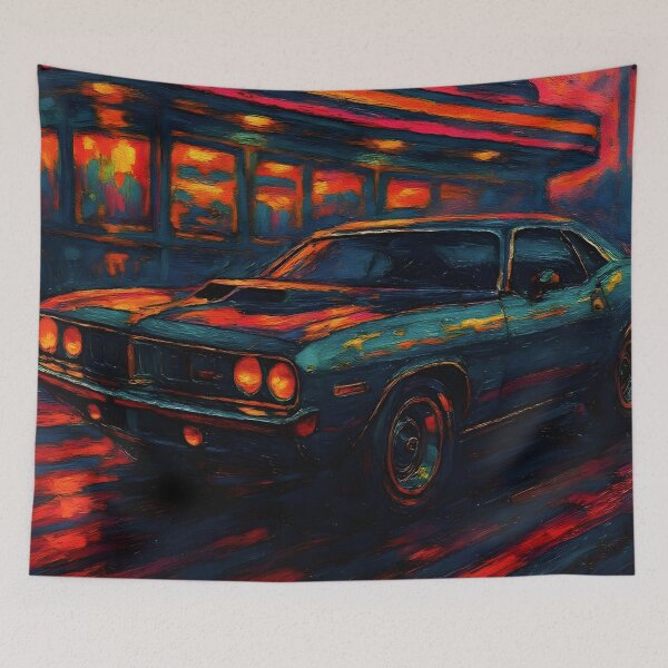 Item preview, Neon Nostalgia Retro Plymouth Cuda Oil Painting - Classic Art designed and sold by Dhenin Studio.