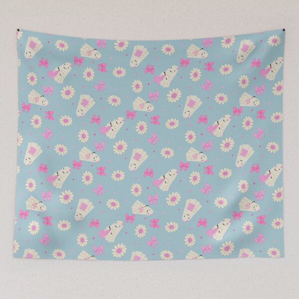 Item preview, Whimsical Crochet Ghost Fabric with Daisies Pink Bows and Yarn Balls designed and sold by hayleyhackler.