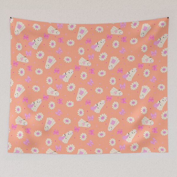 Item preview, Cute Crochet Ghost Halloween Fabric with Pink Bows Daisies and Yarn designed and sold by hayleyhackler.