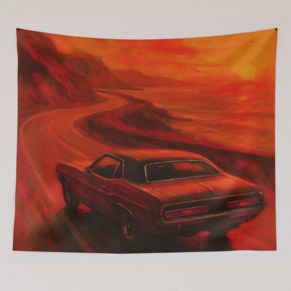 Item preview, Golden Hour Challenger Vintage Car - Oil Painting designed and sold by Dhenin Studio.