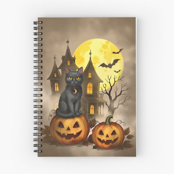 Item preview, Black cat sits on pumpkin in front of haunted house with bats flying under full moon at Halloween night designed and sold by Ms. Iryna.