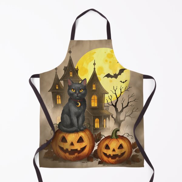 Item preview, Black cat sits on pumpkin in front of haunted house with bats flying under full moon at Halloween night designed and sold by Ms. Iryna.
