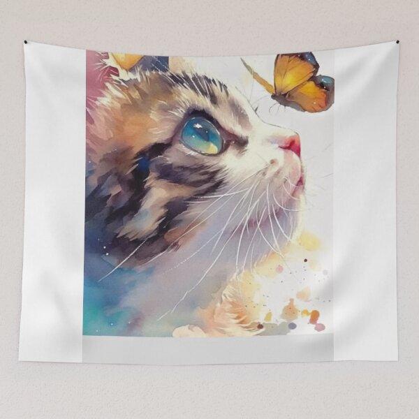 Item preview, Blue-Eyed Kitten Watching a Butterfly – Dreamy Watercolor Cat Art designed and sold by Jesus-istheway.