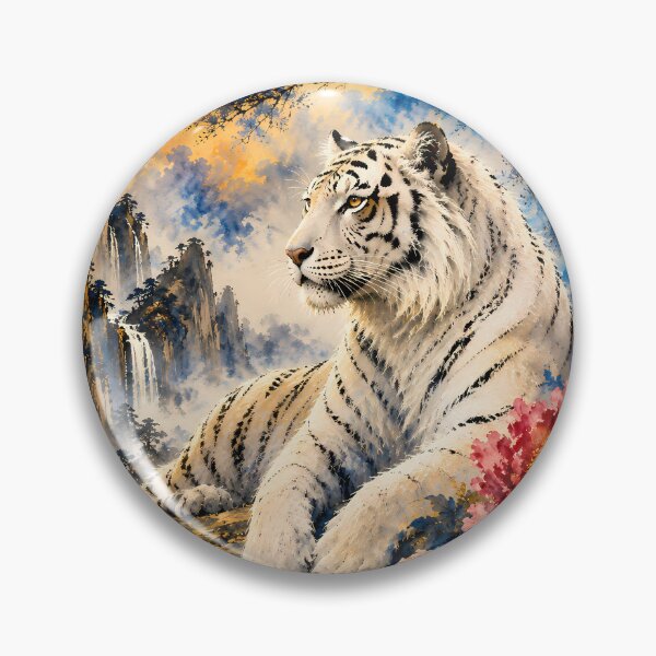 Item preview, White Tiger Under Moonlight | Watercolor Wildlife Art | Oriental Landscape with Peonies designed and sold by ManJiangHong.