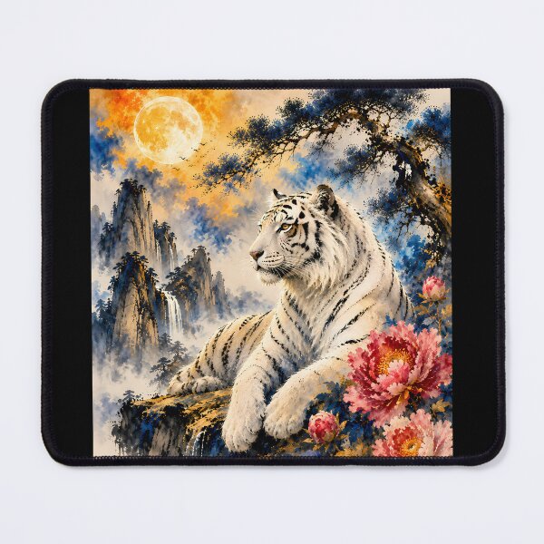 Item preview, White Tiger Under Moonlight | Watercolor Wildlife Art | Oriental Landscape with Peonies designed and sold by ManJiangHong.
