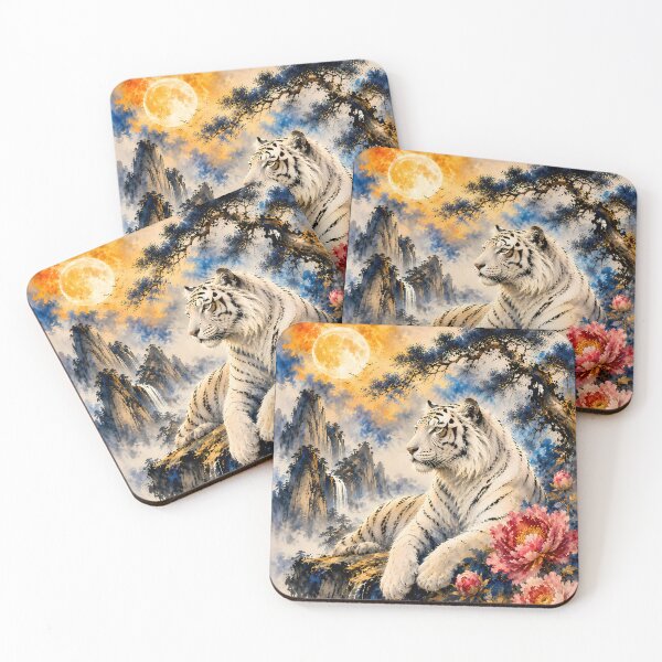 Item preview, White Tiger Under Moonlight | Watercolor Wildlife Art | Oriental Landscape with Peonies designed and sold by ManJiangHong.