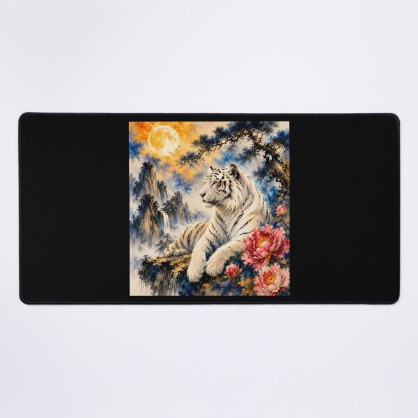 Item preview, White Tiger Under Moonlight | Watercolor Wildlife Art | Oriental Landscape with Peonies designed and sold by ManJiangHong.