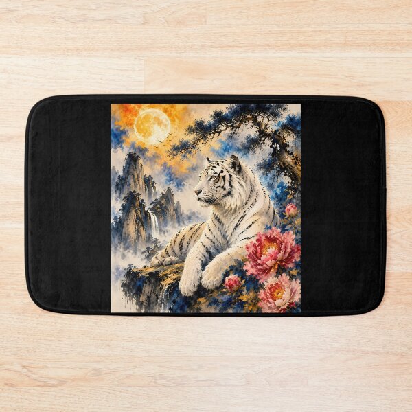 Item preview, White Tiger Under Moonlight | Watercolor Wildlife Art | Oriental Landscape with Peonies designed and sold by ManJiangHong.