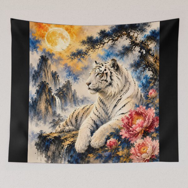 Item preview, White Tiger Under Moonlight | Watercolor Wildlife Art | Oriental Landscape with Peonies designed and sold by ManJiangHong.