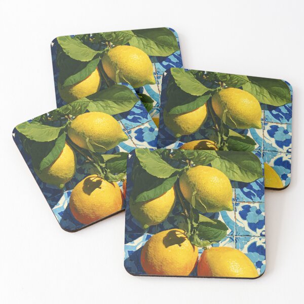 Item preview, mediterranean lemon painting with blue tile and sunny italian citrus style designed and sold by JackrabbitPub.