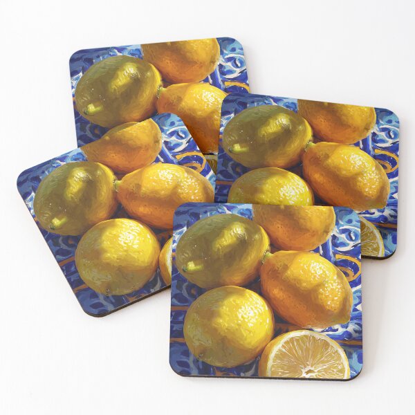 Item preview, italian lemon painting with blue majolica tile and sunny mediterranean kitchen style designed and sold by JackrabbitPub.