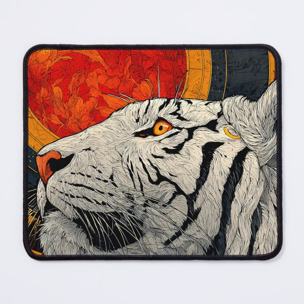 Item preview, asian inspired white tiger portrait with red moon floral gold linework and dramatic luxury style designed and sold by JackrabbitPub.