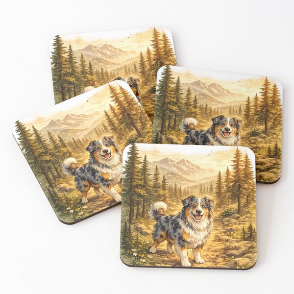 Item preview, Australian Shepherd Forest Adventure | Golden Hour Hiking Vector Art designed and sold by Golden Era Studio.