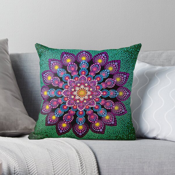 Purple & Green Dot Mandala - Art&Deco By Natasha Throw Pillow