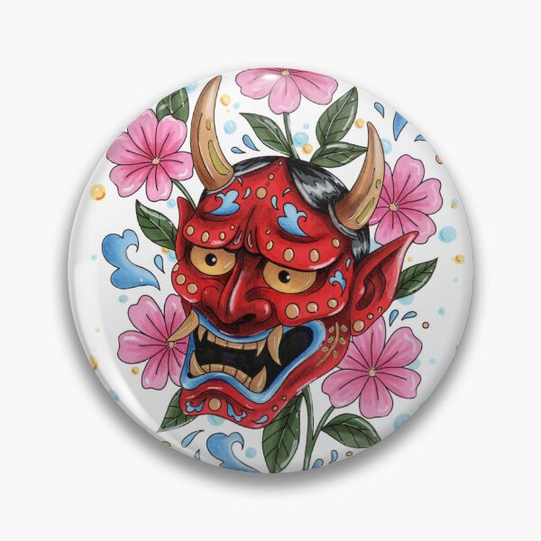 Item preview, Japanese oni mask and pink blossom designed and sold by Laurenrae-art.
