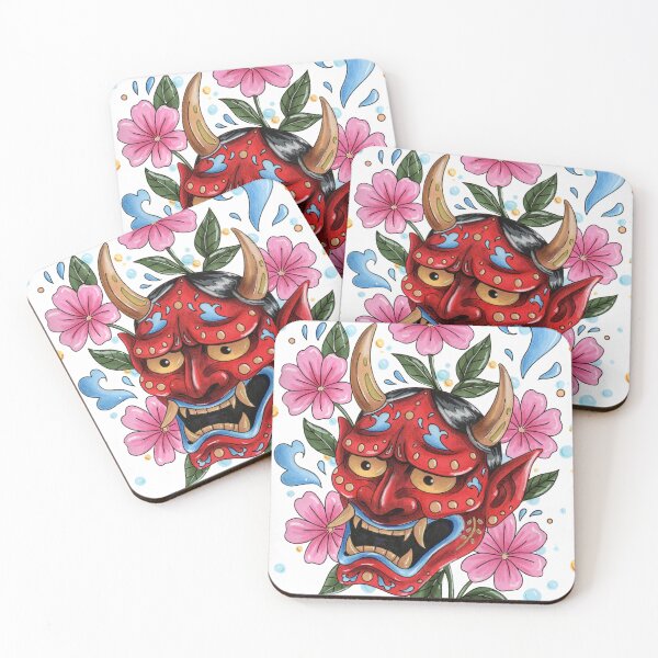 Item preview, Japanese oni mask and pink blossom designed and sold by Laurenrae-art.