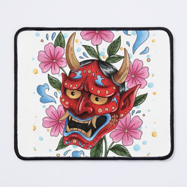 Item preview, Japanese oni mask and pink blossom designed and sold by Laurenrae-art.