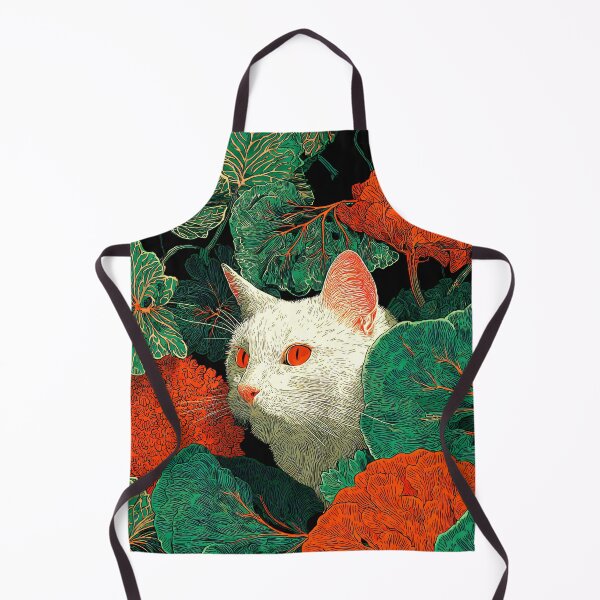 Item preview, psychedelic white cat botanical art vibrant foliage illustration with bold red eyes and nature patterns designed and sold by JackrabbitPub.