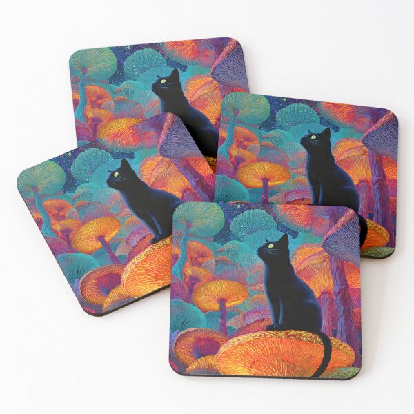 Item preview, psychedelic black cat mushroom art neon fantasy forest illustration with vibrant glowing colors designed and sold by JackrabbitPub.