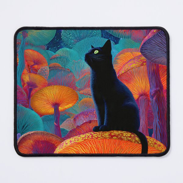 Artikelvorschau, Psychedelische Illustration eines Pilzmotivs mit schwarzer Katze, Neon-Fantasy-Wald und leuchtenden Farben entworfen und verkauft von JackrabbitPub.
