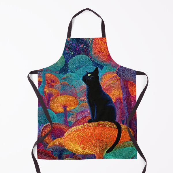 Artikelvorschau, Psychedelische Illustration eines Pilzmotivs mit schwarzer Katze, Neon-Fantasy-Wald und leuchtenden Farben entworfen und verkauft von JackrabbitPub.