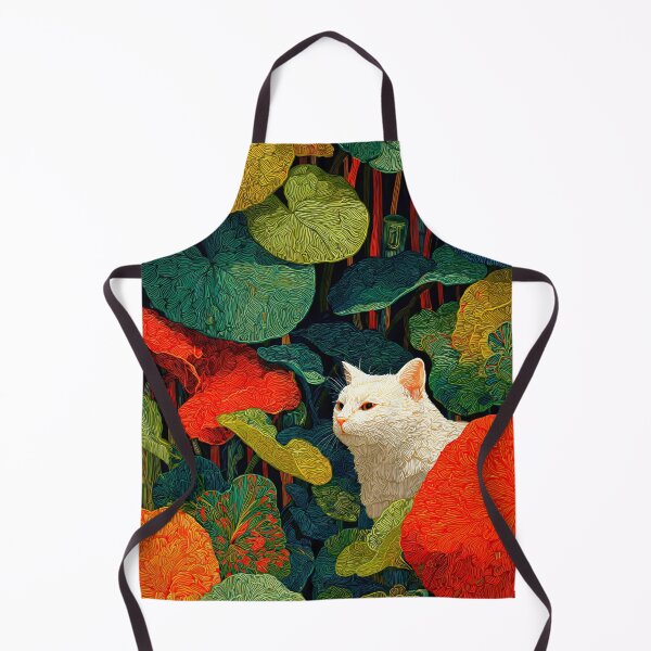 Item preview, psychedelic white cat jungle art vibrant tropical foliage illustration with bold textured leaves designed and sold by JackrabbitPub.
