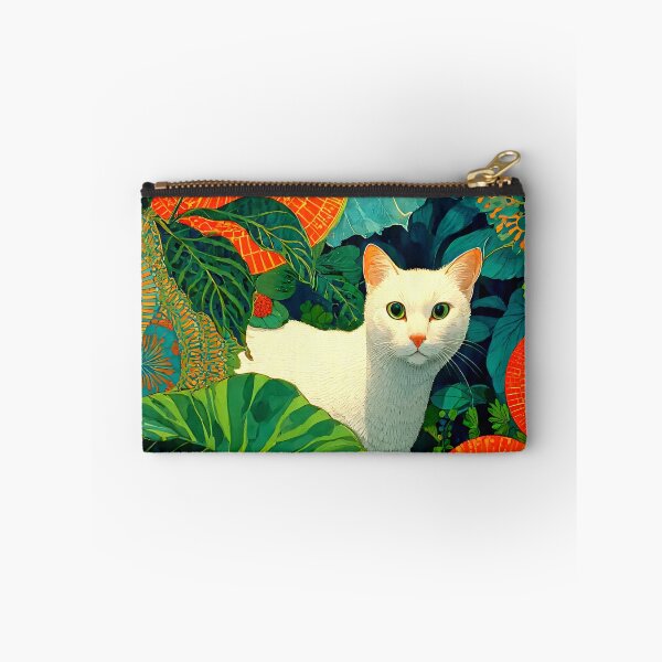 Item preview, psychedelic white cat tropical art vibrant jungle foliage illustration with bold geometric leaf patterns designed and sold by JackrabbitPub.
