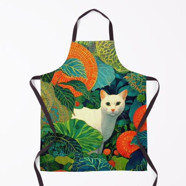 Item preview, psychedelic white cat tropical art vibrant jungle foliage illustration with bold geometric leaf patterns designed and sold by JackrabbitPub.