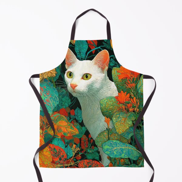 Item preview, psychedelic white cat floral art vibrant botanical illustration with lush leaves and bold colors designed and sold by JackrabbitPub.