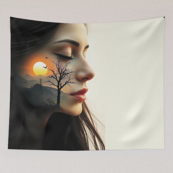 Item preview, Ethereal Woman's Face Merges with Dreamy Sunset Landscape designed and sold by Lucia Amaris Art.