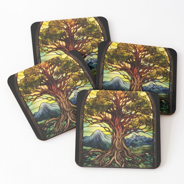 Item preview, Tree of Life Stained Glass Mountain Landscape designed and sold by pinkal.