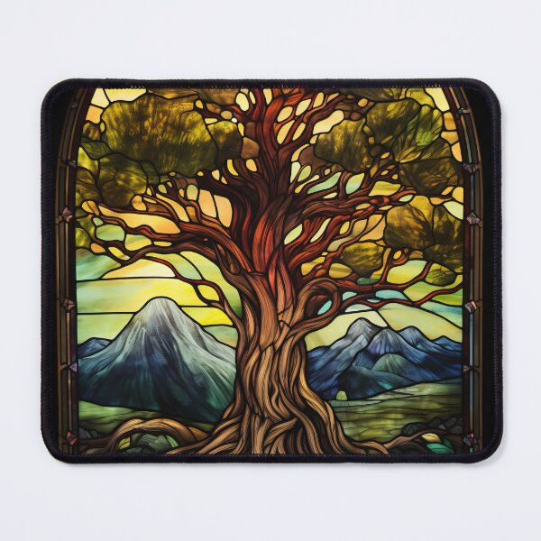 Item preview, Tree of Life Stained Glass Mountain Landscape designed and sold by pinkal.