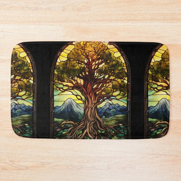 Item preview, Tree of Life Stained Glass Mountain Landscape designed and sold by pinkal.