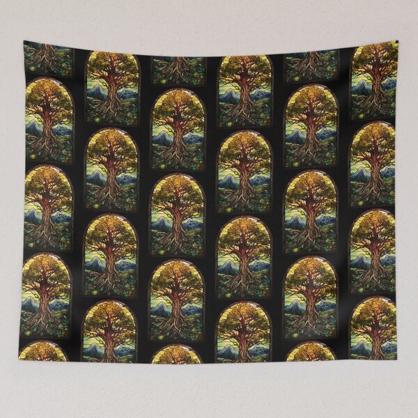 Item preview, Tree of Life Stained Glass Mountain Landscape designed and sold by pinkal.