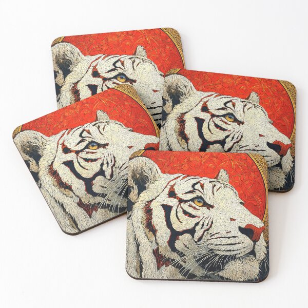 Item preview, white tiger portrait bold red sun illustration with intricate textured linework designed and sold by JackrabbitPub.