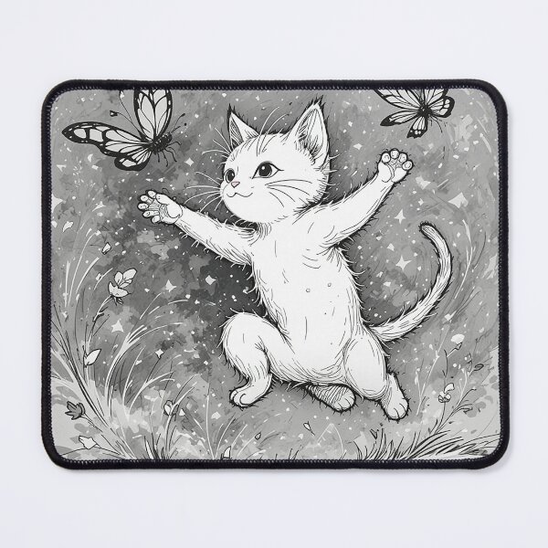 Item preview, Playful Kitten Chasing Butterfly Minimalist Line Art – Cute Modern Black & White Cat Illustration designed and sold by PixPixari.