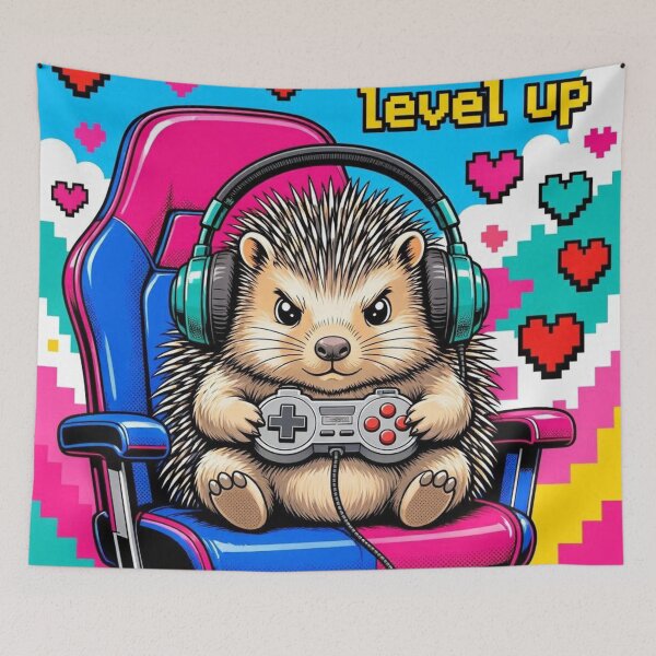 Item preview, Funny Level Up Gamer Hedgehog Retro Pop Art designed and sold by ElvisVintagePosters.
