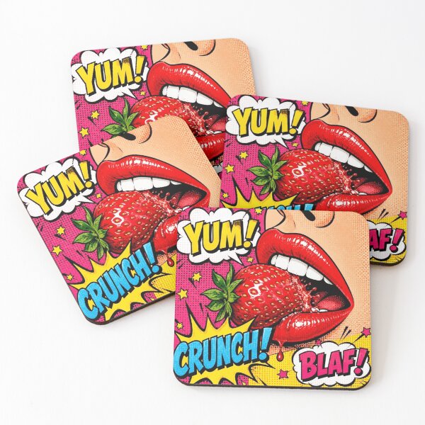 Item preview, Pop Art Lips Eating Strawberry YUM CRUNCH BLAF - Retro Comic Food designed and sold by Natalia-Vlad.