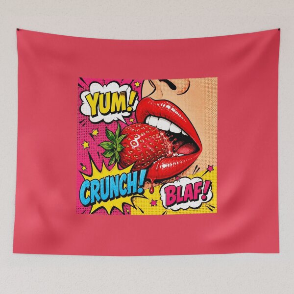 Item preview, Pop Art Lips Eating Strawberry YUM CRUNCH BLAF - Retro Comic Food designed and sold by Natalia-Vlad.