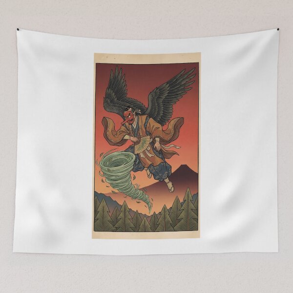 Item preview, Traditional Ukiyo-e Tengu Mountain Demon Releasing Tornado with Mount Fuji designed and sold by TokyoUkiyoHouse.