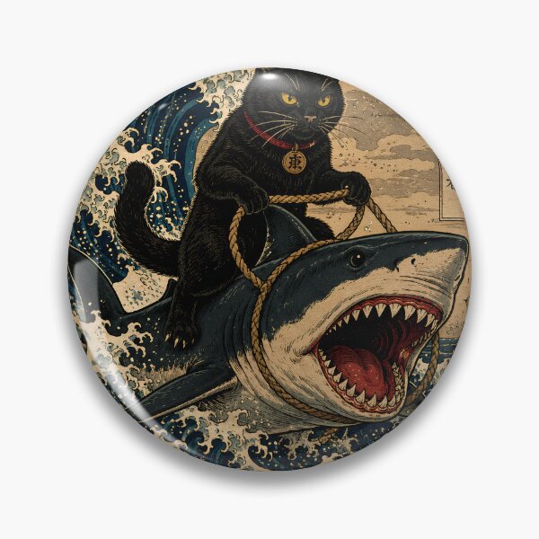 Item preview, Cat Riding Shark Japanese Style designed and sold by Retro Rascals Co..