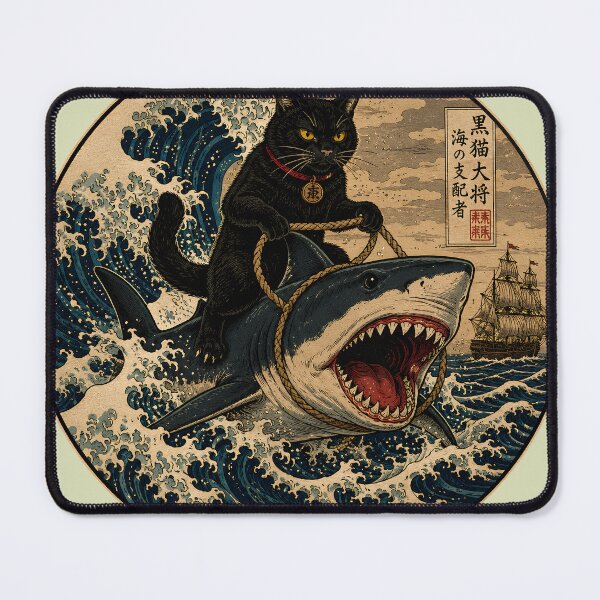 Item preview, Cat Riding Shark Japanese Style designed and sold by Retro Rascals Co..