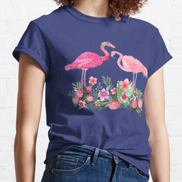 Flamingo watercolor pink Paradise with hibiscus flowers, protea flowers and palm leaves Classic T-Shirt