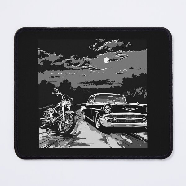 Item preview, Classic Car and Motorcycle Under Moonlight – Retro Black and White Road Scene designed and sold by inkoutninja.