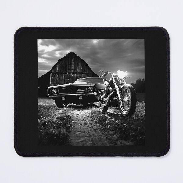 Item preview, Classic Muscle Car and Motorcycle by Rustic Barn – Black and White Automotive Art designed and sold by inkoutninja.