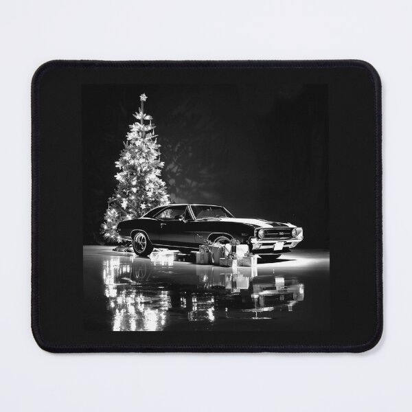 Item preview, Classic Muscle Car by Christmas Tree – Black and White Holiday Automotive Art designed and sold by inkoutninja.