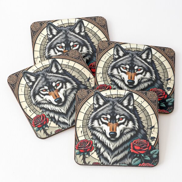 Item preview, Gothic Red Rose Wolf – Stained Glass Art Nouveau designed and sold by Neer arts.