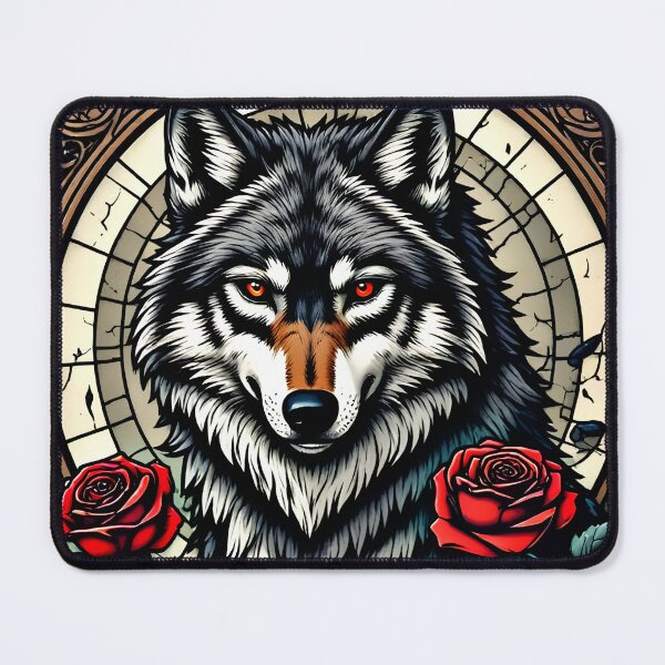 Item preview, Gothic Red Rose Wolf – Stained Glass Art Nouveau designed and sold by Neer arts.