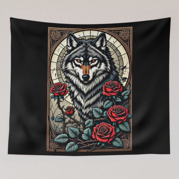 Item preview, Gothic Red Rose Wolf – Stained Glass Art Nouveau designed and sold by Neer arts.